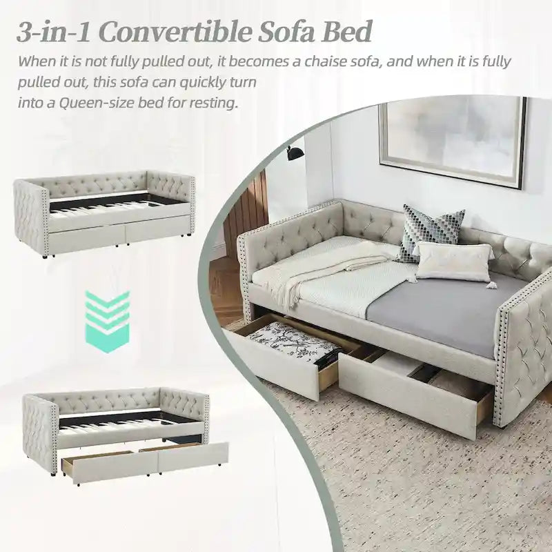 Linen Upholstered Mid-century Modern Twin Size Copper Nail Daybed Sofa with Two Drawers