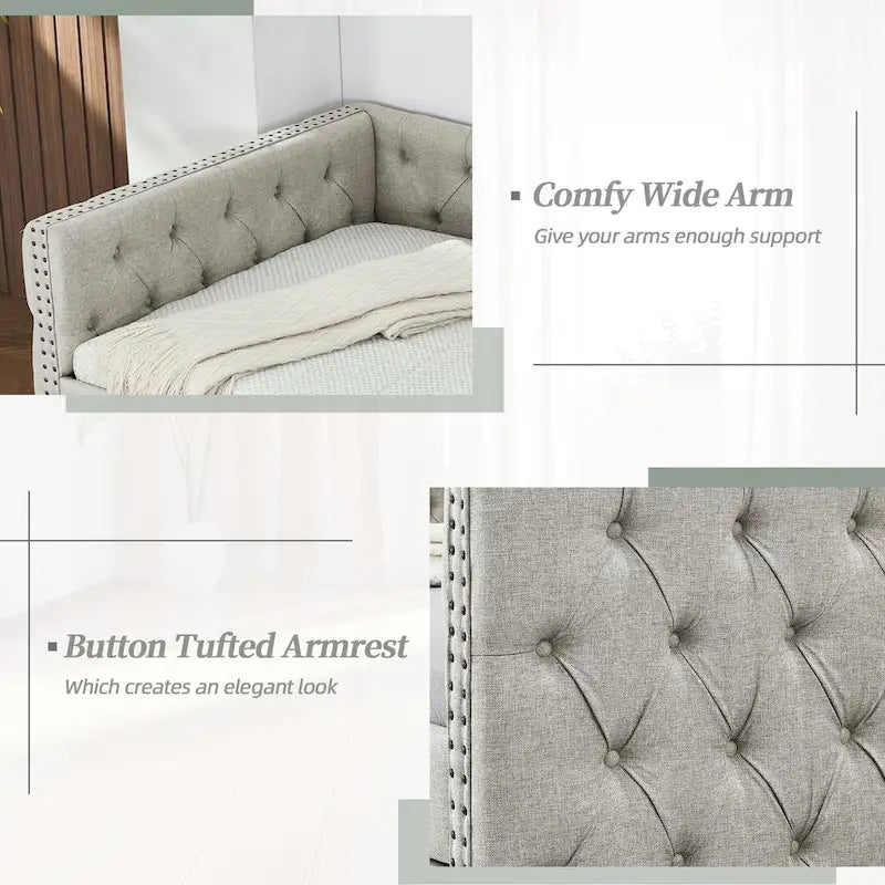 Linen Upholstered Mid-century Modern Twin Size Copper Nail Daybed Sofa with Two Drawers