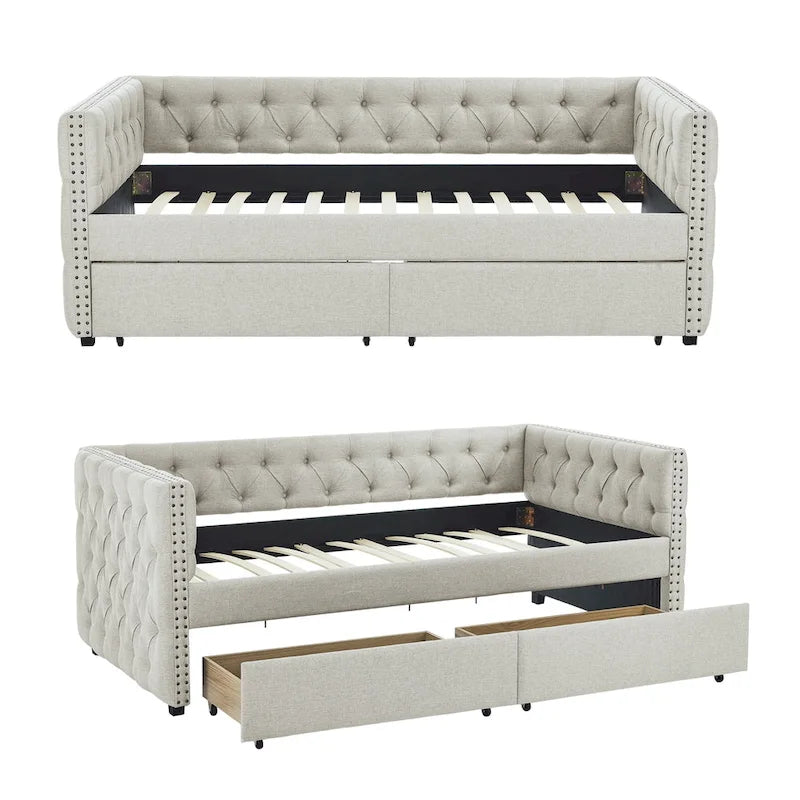 Linen Upholstered Mid-century Modern Twin Size Copper Nail Daybed Sofa with Two Drawers