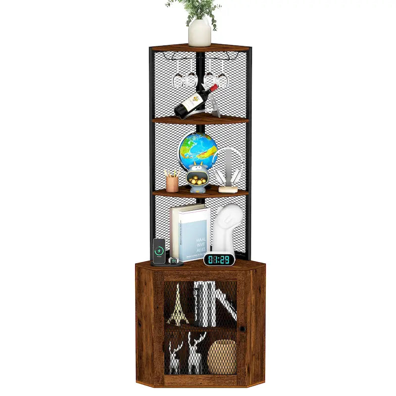 Corner Shelf with Doors, 65  Corner Cabinet with Shelves & Wine Glass Rack, 6 Tier Bookshelf Display Corner Shelves