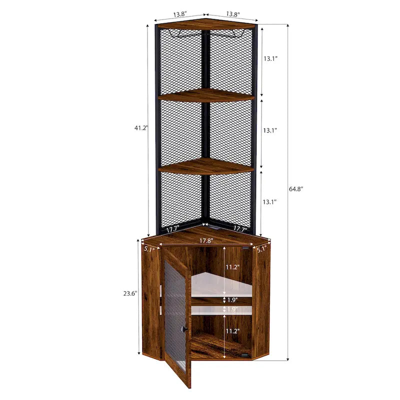 Corner Shelf with Doors, 65  Corner Cabinet with Shelves & Wine Glass Rack, 6 Tier Bookshelf Display Corner Shelves