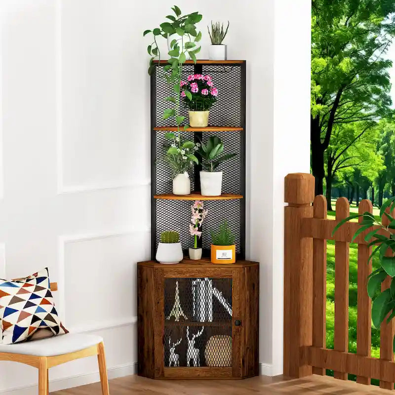 Corner Shelf with Doors, 65  Corner Cabinet with Shelves & Wine Glass Rack, 6 Tier Bookshelf Display Corner Shelves