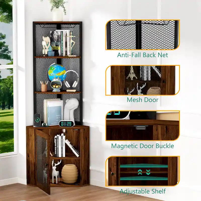 Corner Shelf with Doors, 65  Corner Cabinet with Shelves & Wine Glass Rack, 6 Tier Bookshelf Display Corner Shelves