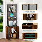 Corner Shelf with Doors, 65  Corner Cabinet with Shelves & Wine Glass Rack, 6 Tier Bookshelf Display Corner Shelves