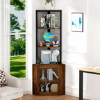 Corner Shelf with Doors, 65  Corner Cabinet with Shelves & Wine Glass Rack, 6 Tier Bookshelf Display Corner Shelves