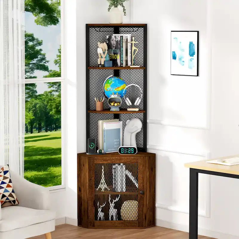Corner Shelf with Doors, 65  Corner Cabinet with Shelves & Wine Glass Rack, 6 Tier Bookshelf Display Corner Shelves