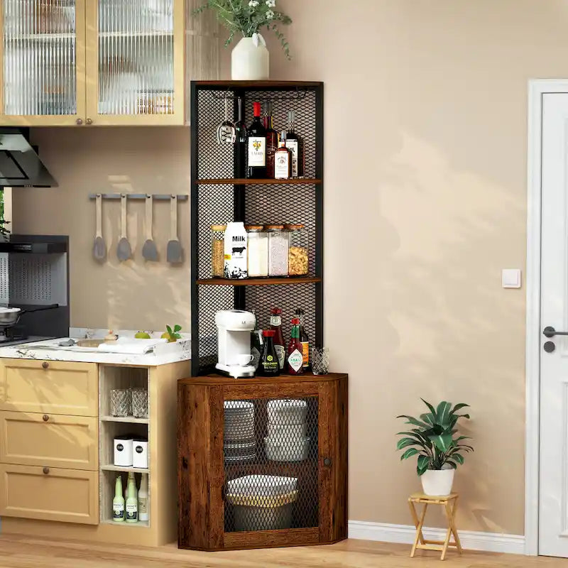 Corner Shelf with Doors, 65  Corner Cabinet with Shelves & Wine Glass Rack, 6 Tier Bookshelf Display Corner Shelves