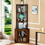 Corner Shelf with Doors, 65  Corner Cabinet with Shelves & Wine Glass Rack, 6 Tier Bookshelf Display Corner Shelves