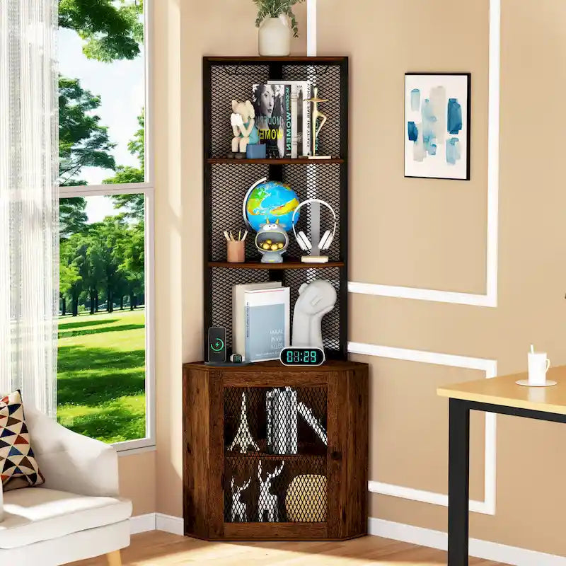 Corner Shelf with Doors, 65  Corner Cabinet with Shelves & Wine Glass Rack, 6 Tier Bookshelf Display Corner Shelves