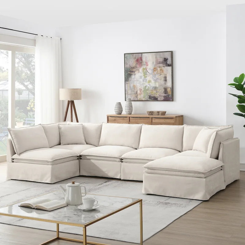 L Shaped Modular Sectional Chenille Sofa with Movable Ottoman
