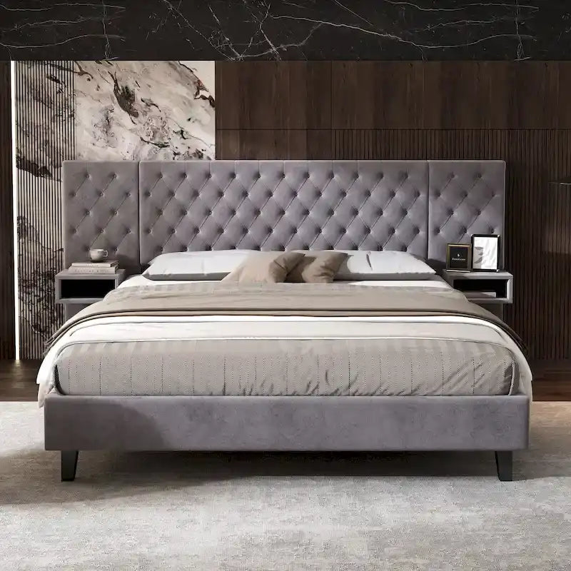 Low-Profile Platform Bed, Modern Velvet Upholstered Bed, Diamond Tufted Headboard Wingback Bed with 2 Nightstands Storage Bed