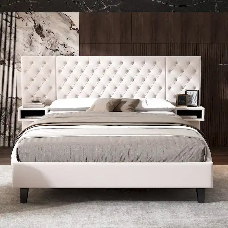 Low-Profile Platform Bed, Modern Velvet Upholstered Bed, Diamond Tufted Headboard Wingback Bed with 2 Nightstands Storage Bed