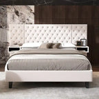 Low-Profile Platform Bed, Modern Velvet Upholstered Bed, Diamond Tufted Headboard Wingback Bed with 2 Nightstands Storage Bed