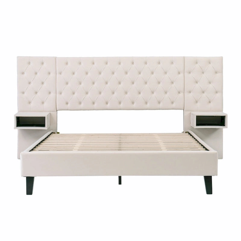 Low-Profile Platform Bed, Modern Velvet Upholstered Bed, Diamond Tufted Headboard Wingback Bed with 2 Nightstands Storage Bed