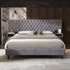 Low-Profile Platform Bed, Modern Velvet Upholstered Bed, Diamond Tufted Headboard Wingback Bed with 2 Nightstands Storage Bed
