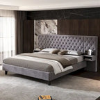 Low-Profile Platform Bed, Modern Velvet Upholstered Bed, Diamond Tufted Headboard Wingback Bed with 2 Nightstands Storage Bed