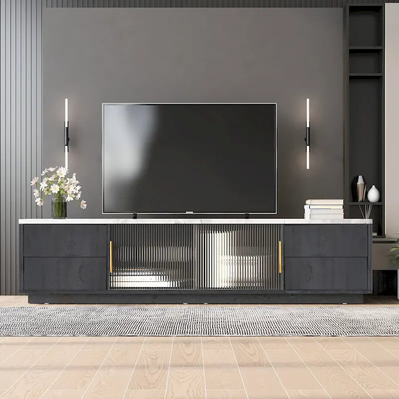 Glass Doors TV Stand for 70  TV, Media Console with 4 Drawers Floor Wood TV Media Center Table with Large Storage Cabinet