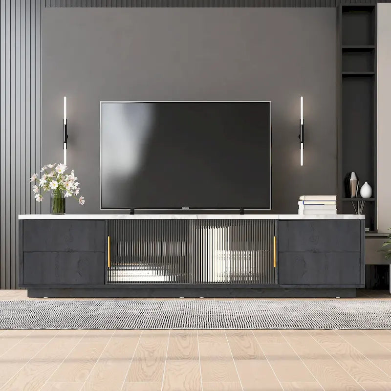 Glass Doors TV Stand for 70  TV, Media Console with 4 Drawers Floor Wood TV Media Center Table with Large Storage Cabinet