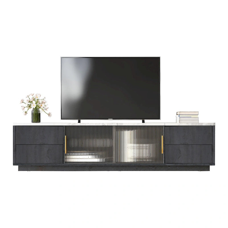 Glass Doors TV Stand for 70  TV, Media Console with 4 Drawers Floor Wood TV Media Center Table with Large Storage Cabinet
