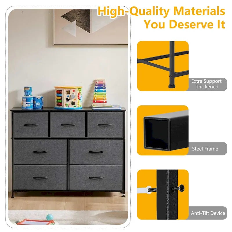 Freestanding 7-Drawer Chest of Drawers Chest Tower TV Stand with Wood Top for Closet Bedroom