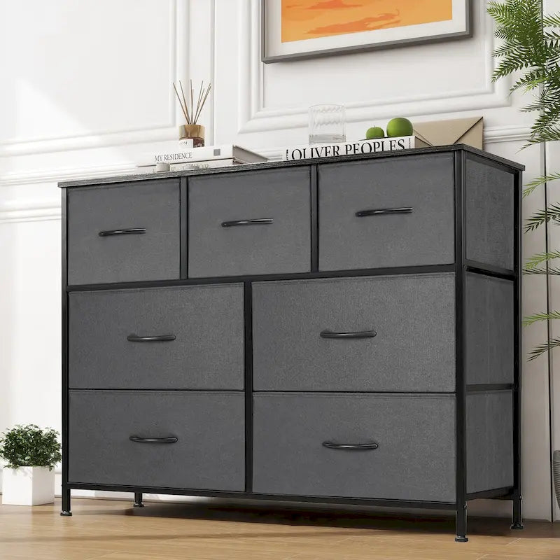 Freestanding 7-Drawer Chest of Drawers Chest Tower TV Stand with Wood Top for Closet Bedroom