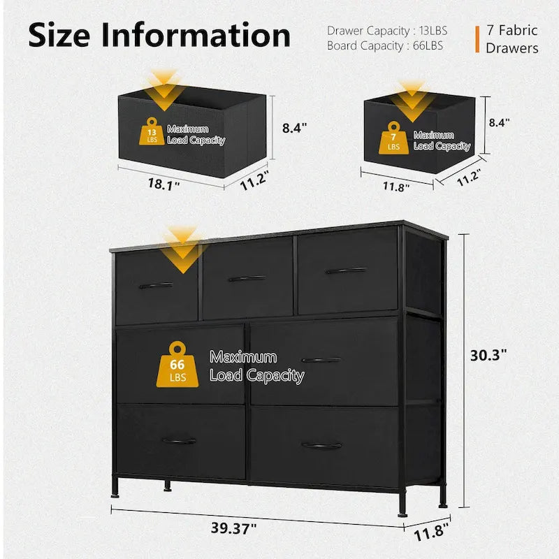 Freestanding 7-Drawer Chest of Drawers Chest Tower TV Stand with Wood Top for Closet Bedroom