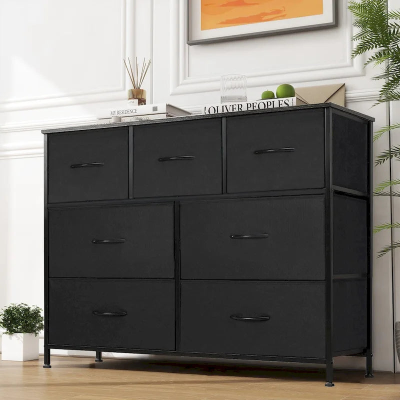 Freestanding 7-Drawer Chest of Drawers Chest Tower TV Stand with Wood Top for Closet Bedroom