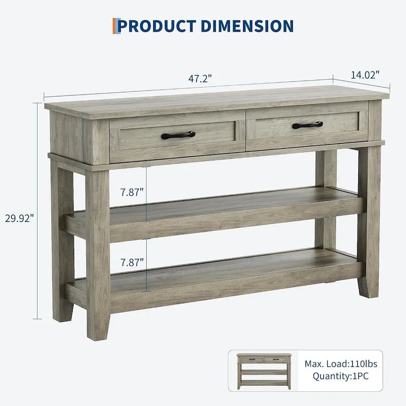 Farmhouse Console Table, Rustic Entryway Table with 2 Drawers and 2 Shelves, Wood Sofa Table Entryway Desk