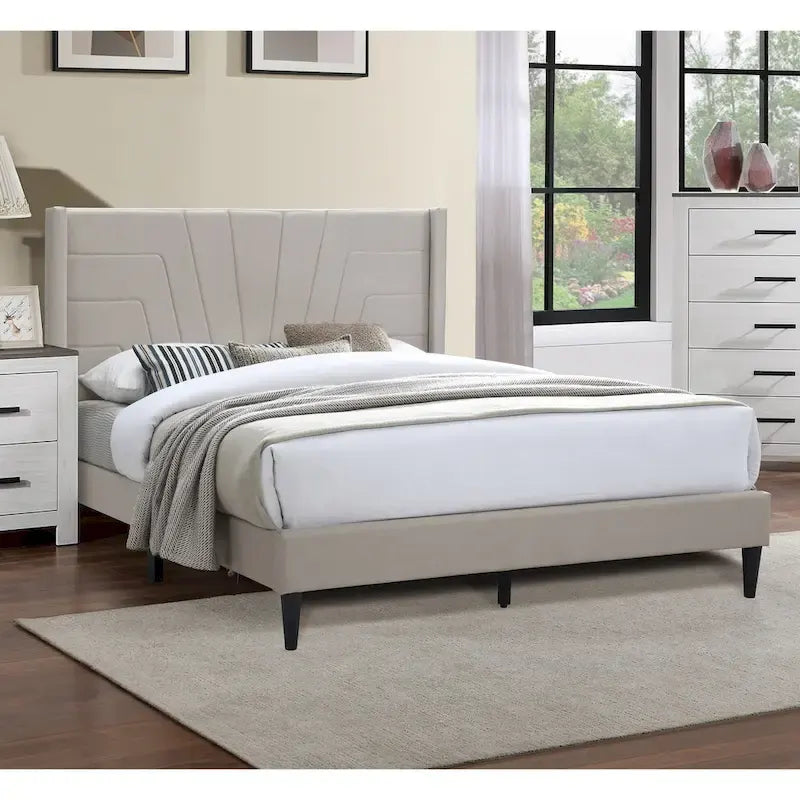 Light Brown Color 1pc Queen Size Bed Burlap Fabric Headboard Upholstered Bedroom Furniture Platform Bedframe