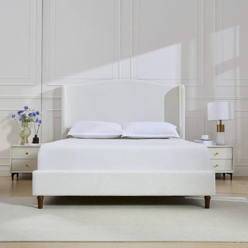Hannah Upholstered Wingback Bed Size King / Tall 54  Headboard Upholstered King Bed / Premium Cream White Chenille