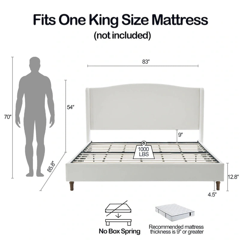 Hannah Upholstered Wingback Bed Size King / Tall 54  Headboard Upholstered King Bed / Premium Cream White Chenille