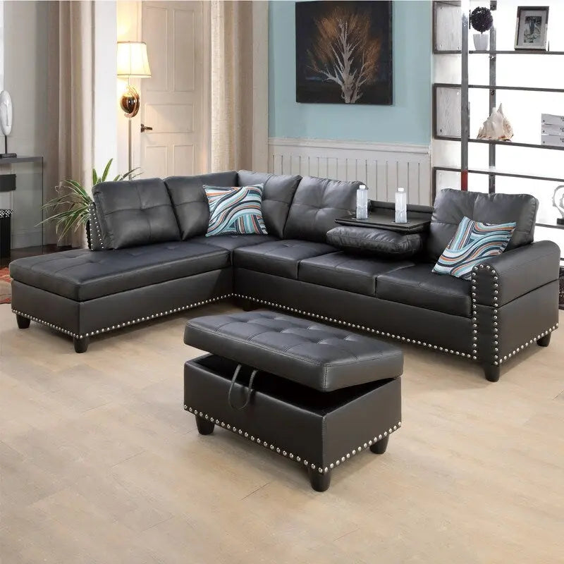Modern 3-Piece Black Faux & Synthetic Leather Sofa Set: Sleek Style for Living Rooms