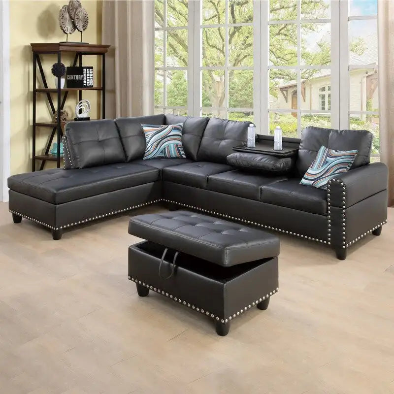Modern 3-Piece Black Faux & Synthetic Leather Sofa Set: Sleek Style for Living Rooms