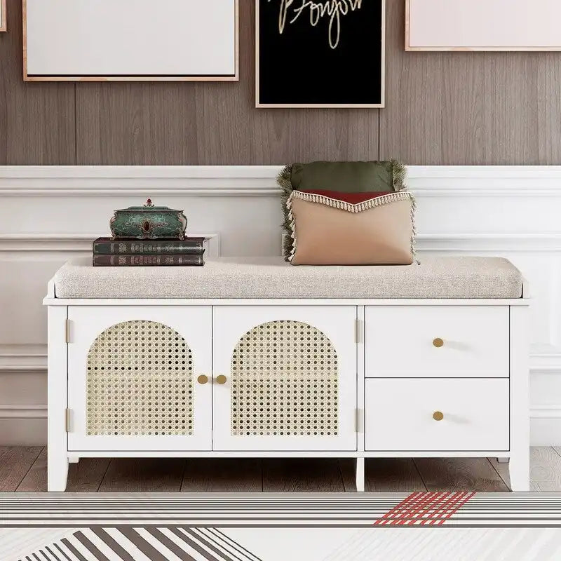 Retro Shoe Storage Bench with Drawers and Cushion for Entryway or Living Room Organization