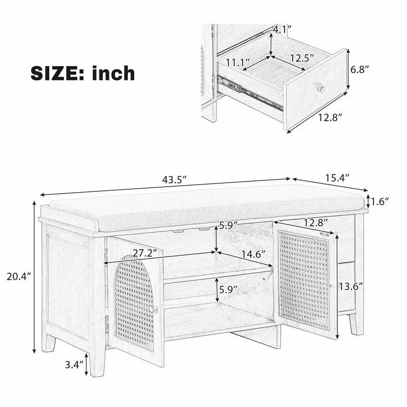 Retro Shoe Storage Bench with Drawers and Cushion for Entryway or Living Room Organization