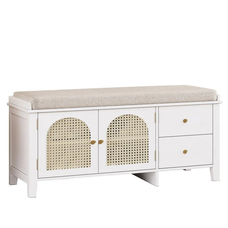 Retro Shoe Storage Bench with Drawers and Cushion for Entryway or Living Room Organization