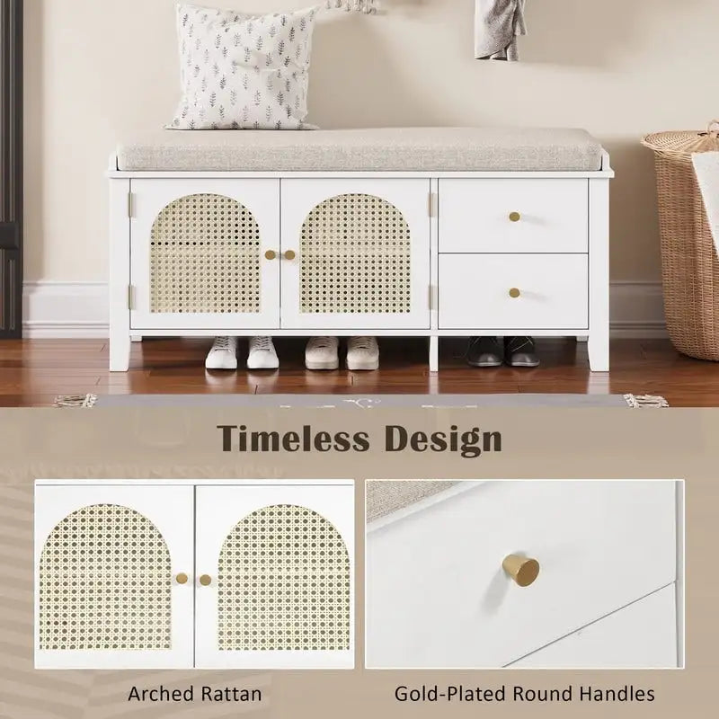 Retro Shoe Storage Bench with Drawers and Cushion for Entryway or Living Room Organization