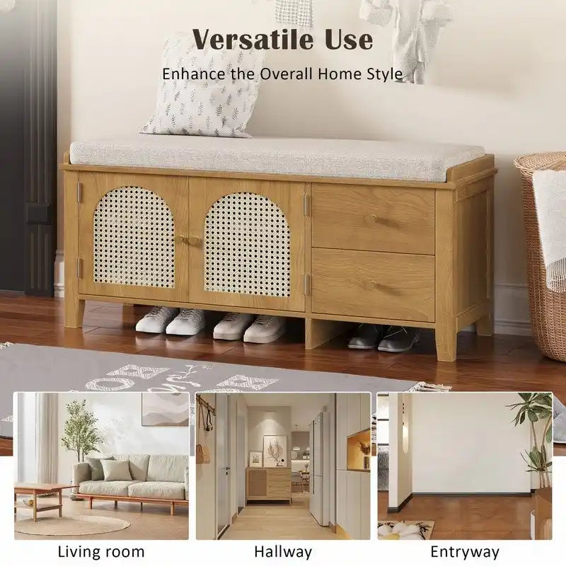 Retro Shoe Storage Bench with Drawers and Cushion for Entryway or Living Room Organization
