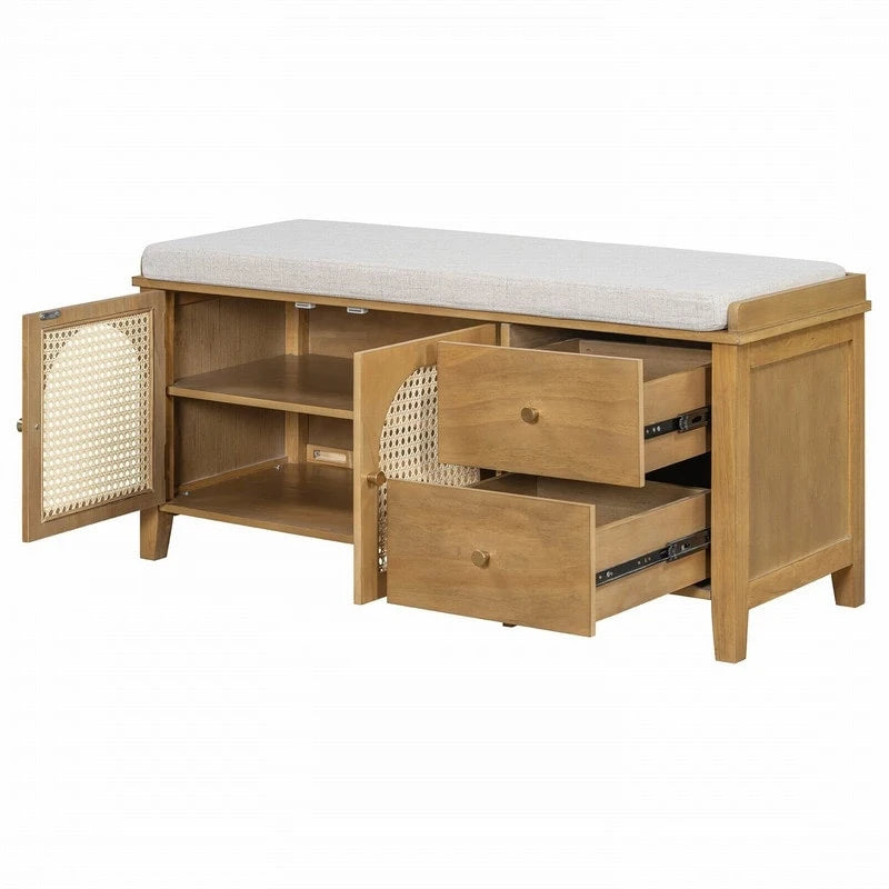 Retro Shoe Storage Bench with Drawers and Cushion for Entryway or Living Room Organization