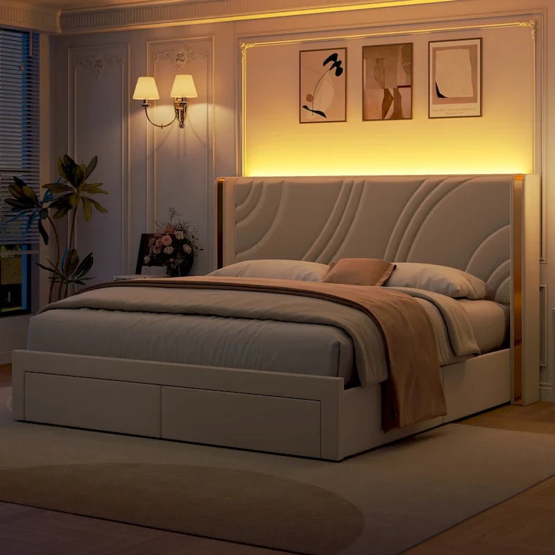 Velvet Upholstered Platform Bed with Smart Ambient Strip Lights Wingback Headboard, and Endbed Pull-out Storage Drawers