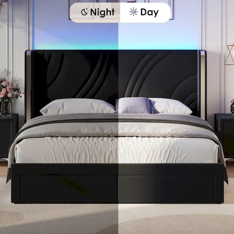 Velvet Upholstered Platform Bed with Smart Ambient Strip Lights Wingback Headboard, and Endbed Pull-out Storage Drawers