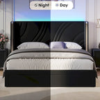 Velvet Upholstered Platform Bed with Smart Ambient Strip Lights Wingback Headboard, and Endbed Pull-out Storage Drawers