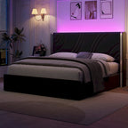 Velvet Upholstered Platform Bed with Smart Ambient Strip Lights Wingback Headboard, and Endbed Pull-out Storage Drawers