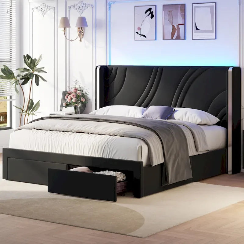 Velvet Upholstered Platform Bed with Smart Ambient Strip Lights Wingback Headboard, and Endbed Pull-out Storage Drawers
