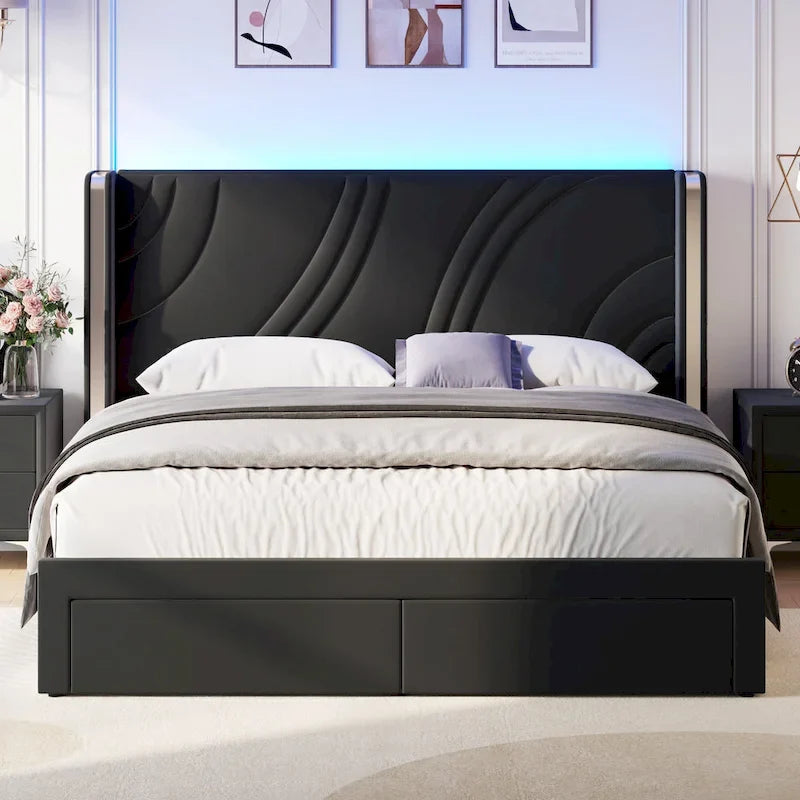 Velvet Upholstered Platform Bed with Smart Ambient Strip Lights Wingback Headboard, and Endbed Pull-out Storage Drawers