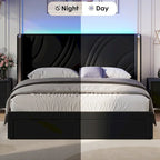 Velvet Upholstered Platform Bed with Smart Ambient Strip Lights Wingback Headboard, and Endbed Pull-out Storage Drawers