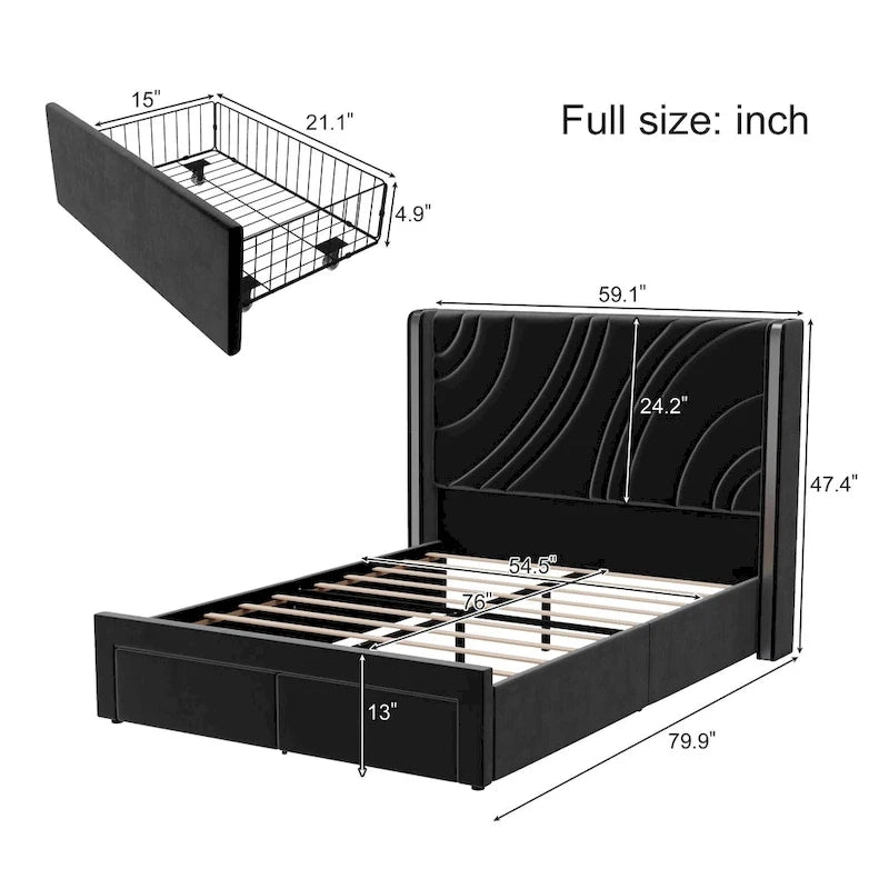 Velvet Upholstered Platform Bed with Smart Ambient Strip Lights Wingback Headboard, and Endbed Pull-out Storage Drawers