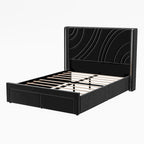 Velvet Upholstered Platform Bed with Smart Ambient Strip Lights Wingback Headboard, and Endbed Pull-out Storage Drawers