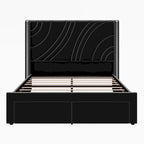 Velvet Upholstered Platform Bed with Smart Ambient Strip Lights Wingback Headboard, and Endbed Pull-out Storage Drawers