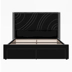 Velvet Upholstered Platform Bed with Smart Ambient Strip Lights Wingback Headboard, and Endbed Pull-out Storage Drawers
